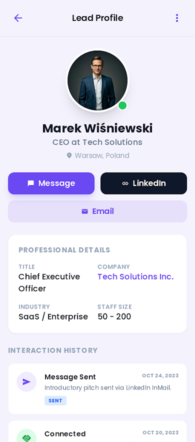 Profil leada z historią i notatkami CRM