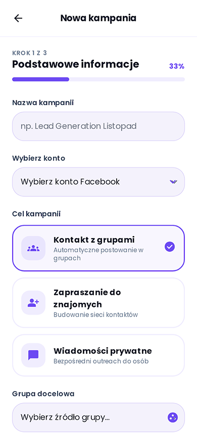 Krok 1 – wybierz grupy i ofertę w LeadYa